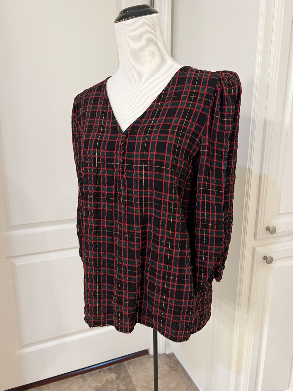 LOFT Black Top with Red/green/gold Plaid V-Neck